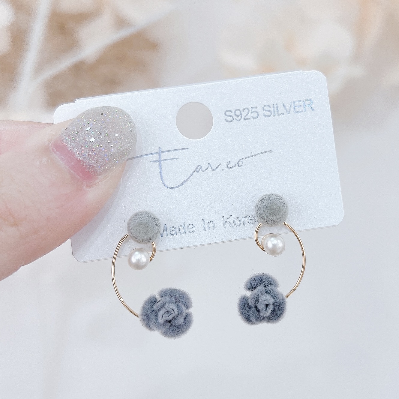 特色絨球玫瑰花耳環 #S012