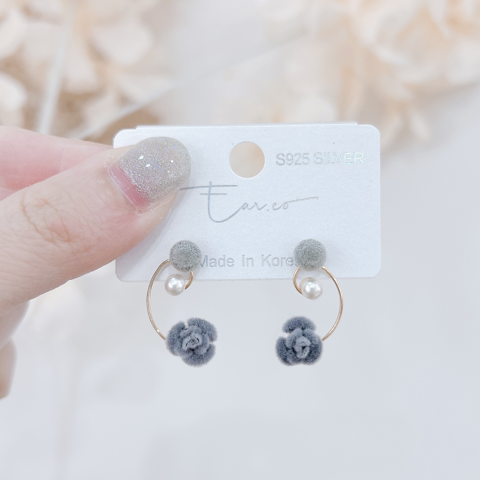 特色絨球玫瑰花耳環 #S012