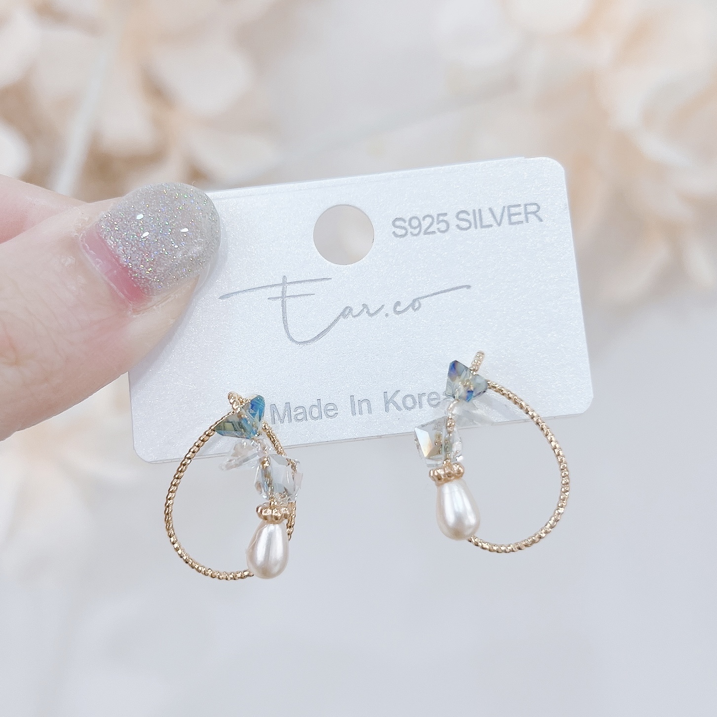 設計感水滴水晶珍珠耳環 #S011