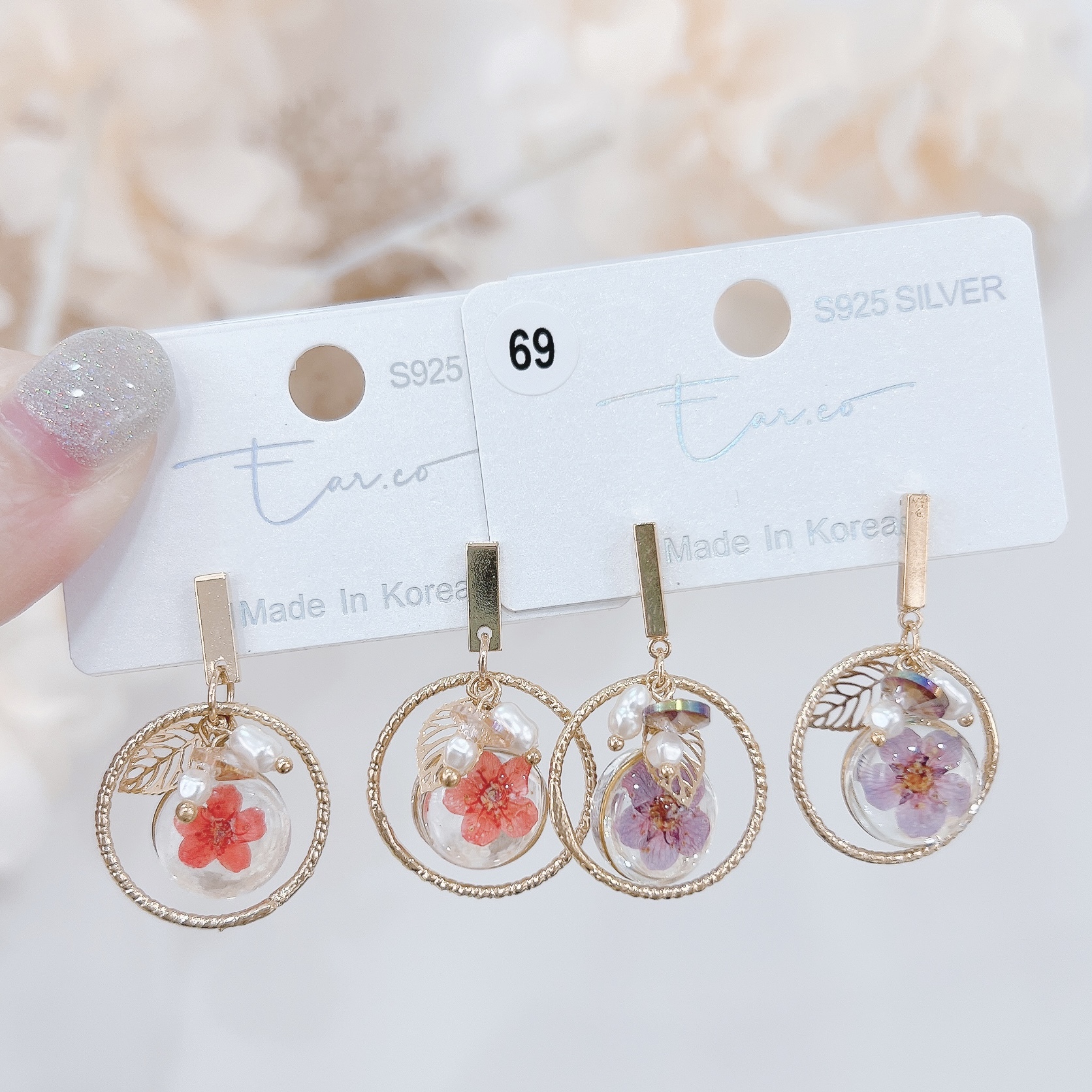 天然乾花玻璃球樹葉垂釣耳環 #S004