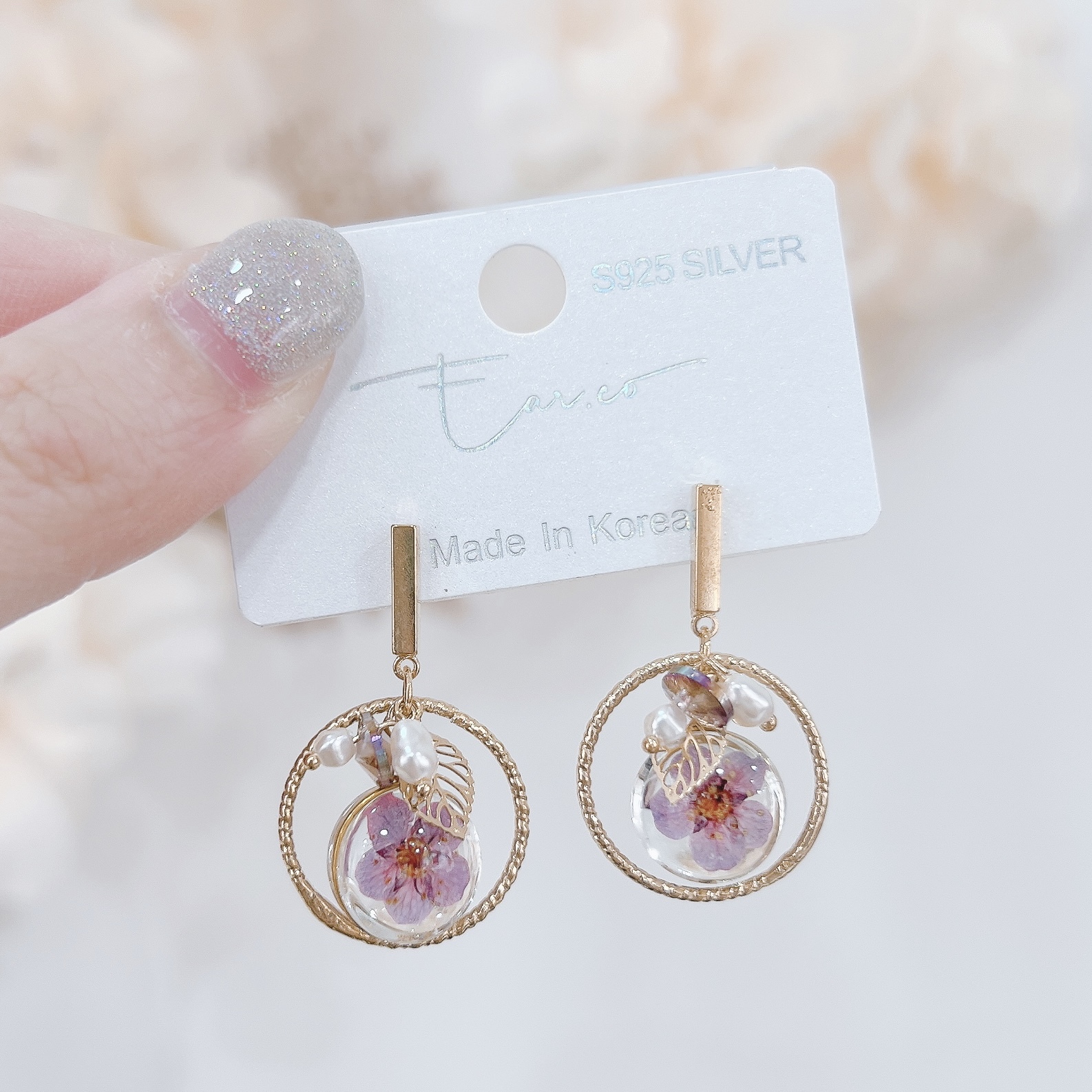 天然乾花玻璃球樹葉垂釣耳環 #S004