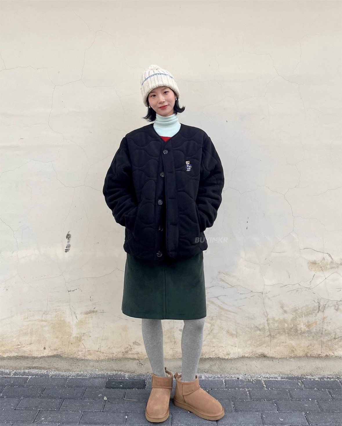 YALE) EMBROIDERY DAN COLLARLESS QUILTING FLEECE JACKE