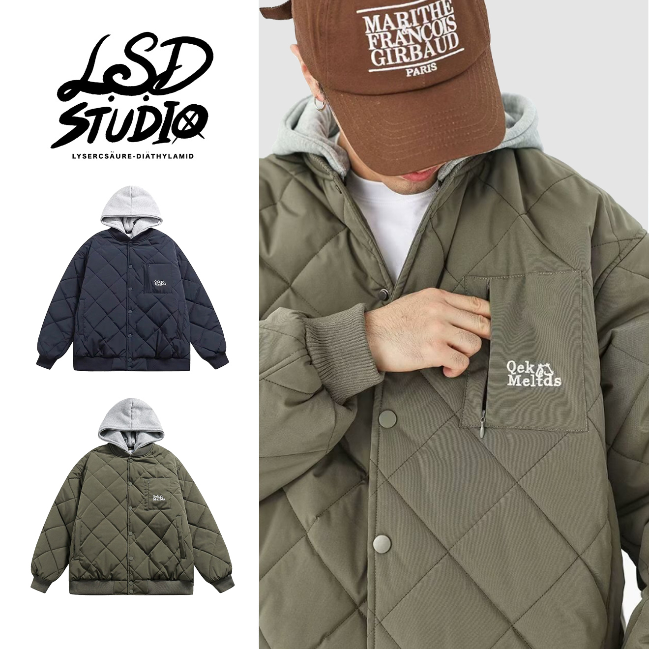 冬季推薦|菱形格紋連帽可拆鋪棉外套/棒球外套【CTSB001】