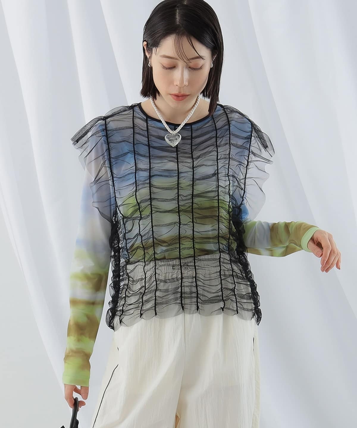 Ray BEAMS / Shirred Tulle Flare Shirt