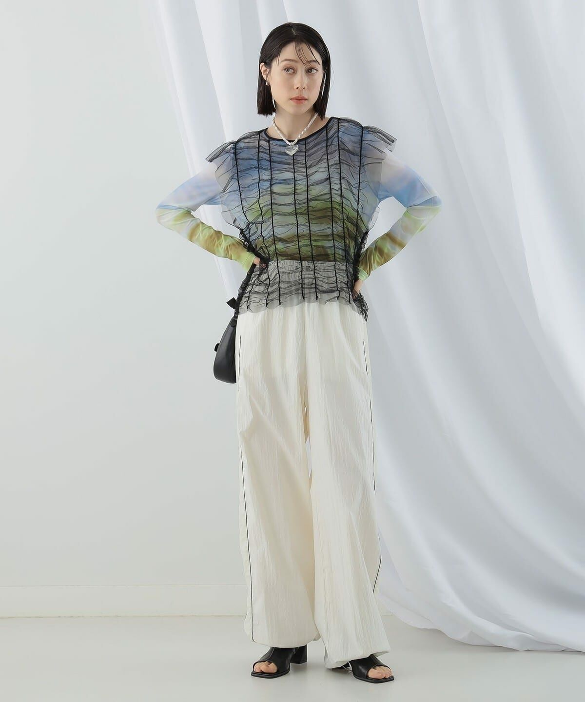 Ray BEAMS / Shirred Tulle Flare Shirt