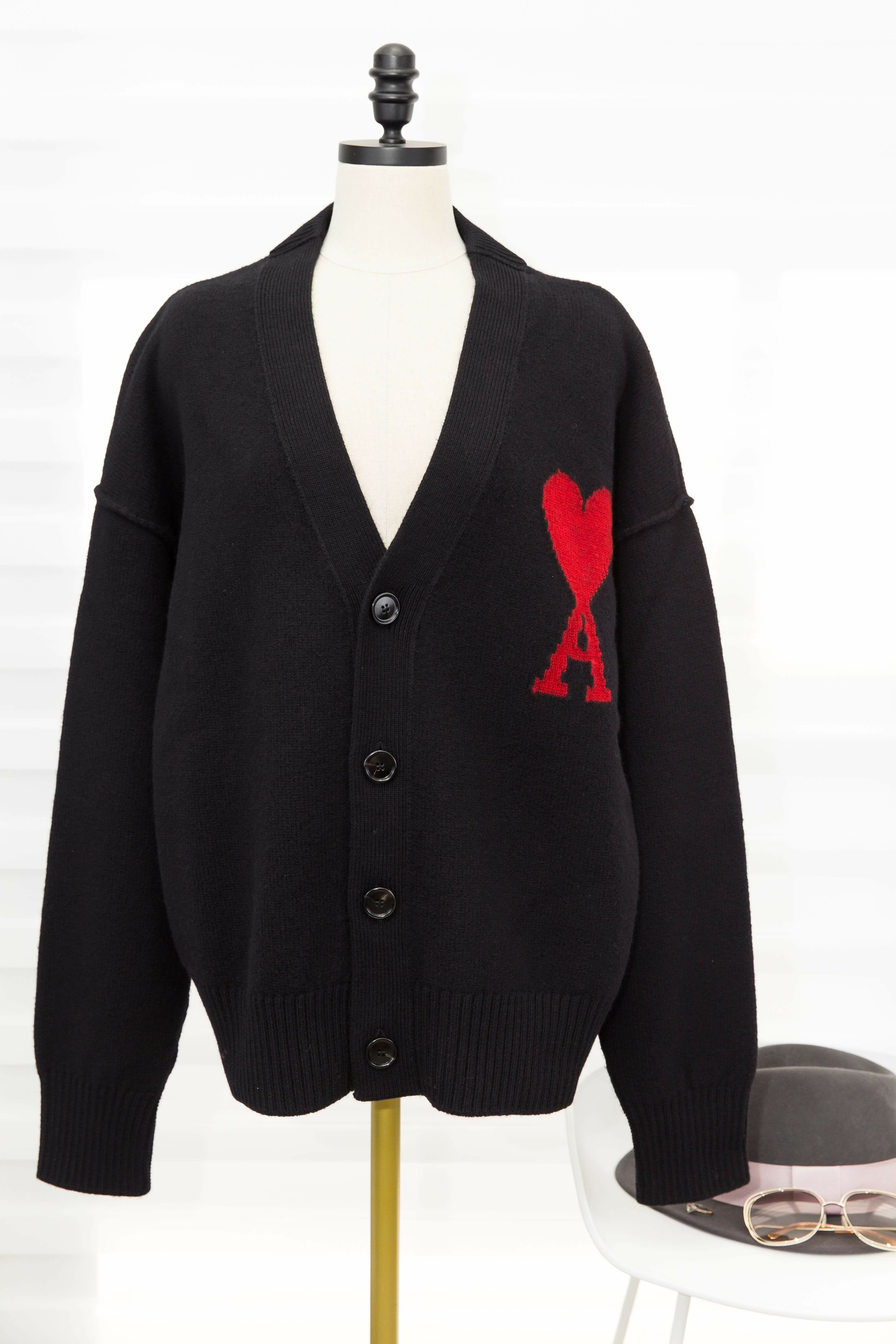 Ami Paris Red Ami De Coeur Cardigan 黑色紅針織大愛心羊毛寬鬆開襟長袖外套-Charline Boutique 精品代購