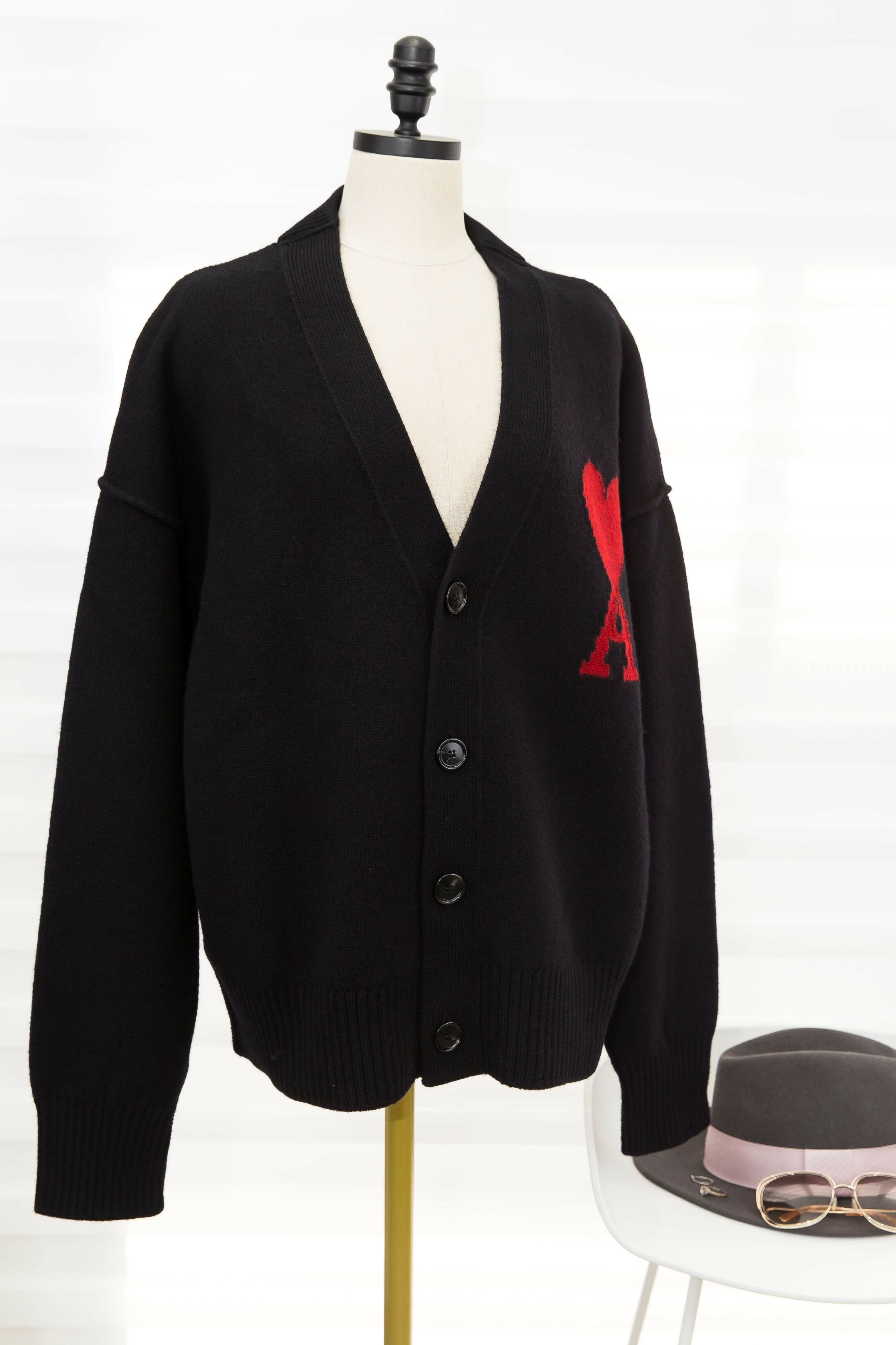 Ami Paris Red Ami De Coeur Cardigan 黑色紅針織大愛心羊毛寬鬆開襟長袖外套-Charline Boutique 精品代購
