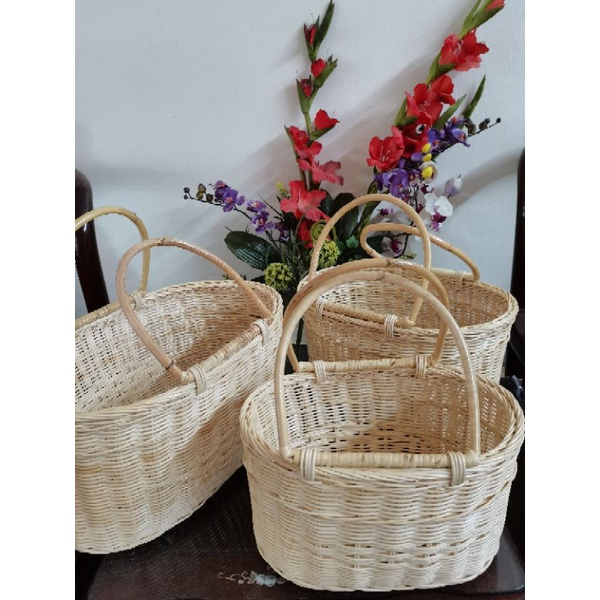 Beige Rattan Basket Picnic Storage Organizer Oval