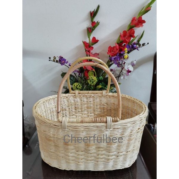 Beige Rattan Basket Picnic Storage Organizer Oval