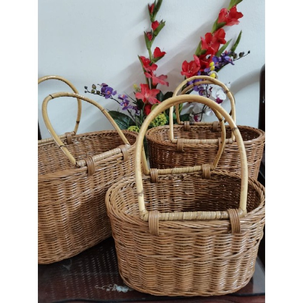 Brwon Rattan Basket Picnic Storage Organizer Oval