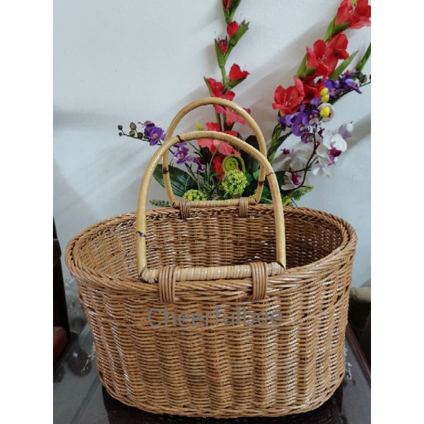 Brwon Rattan Basket Picnic Storage Organizer Oval