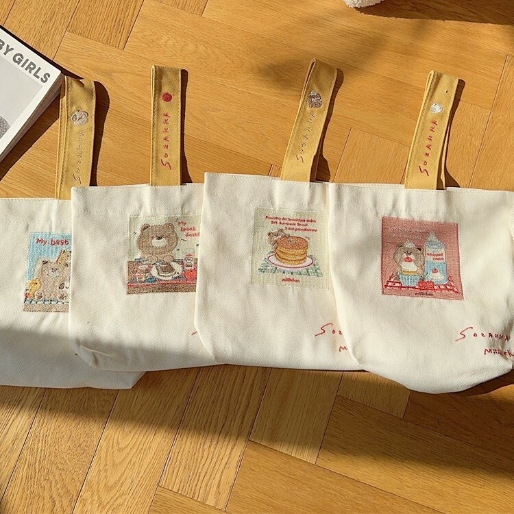 《3522》卡通熊刺繡帆布手提包