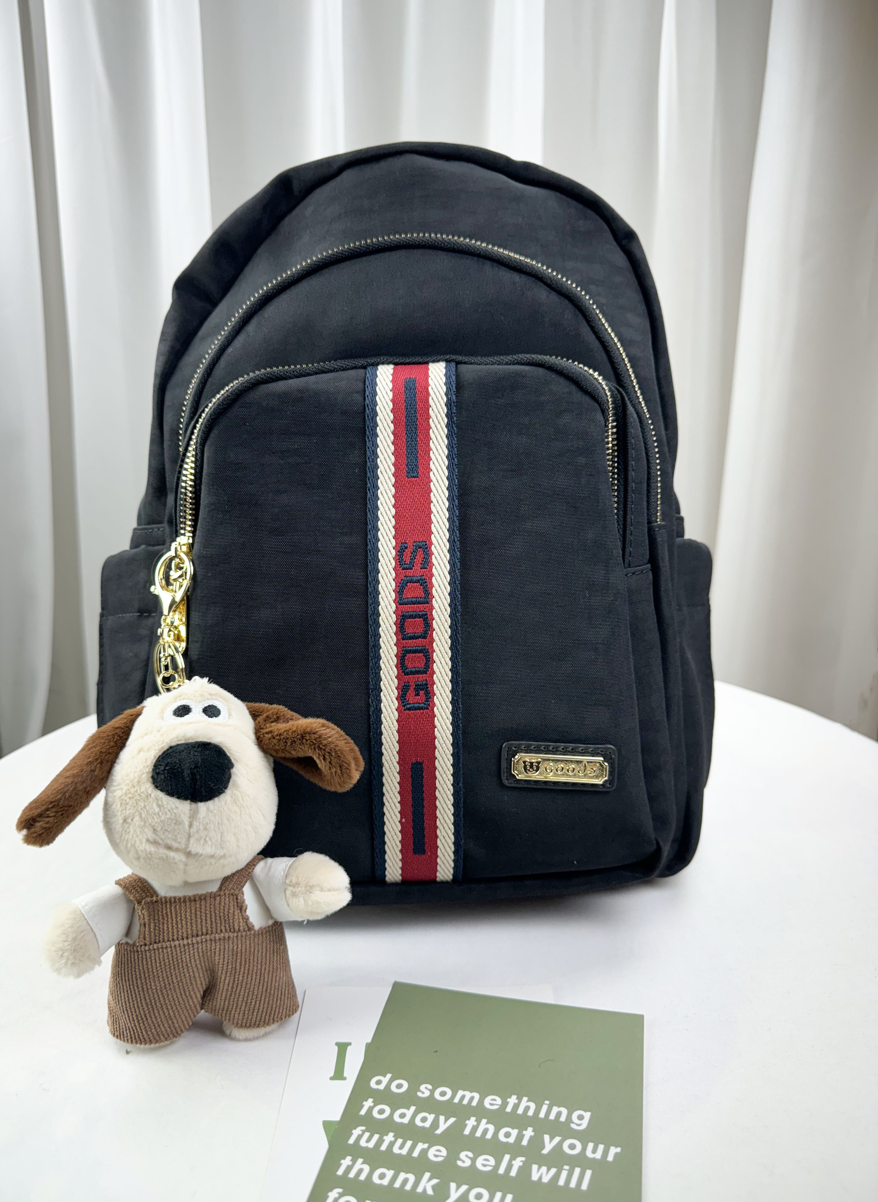 GOODS 織帶黑防潑水後背包 附吊飾  #2847