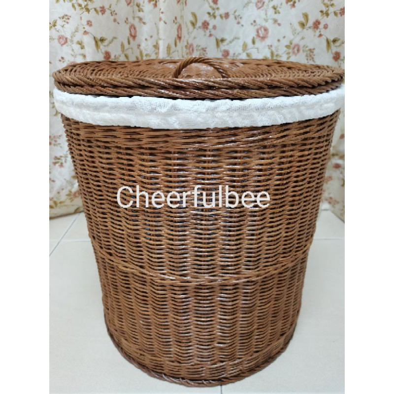 Brown Handmade Rattan Laundry Clothes Basket Removable Lining and Cover