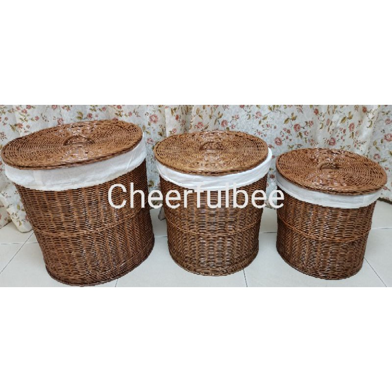 Brown Handmade Rattan Laundry Clothes Basket Removable Lining and Cover