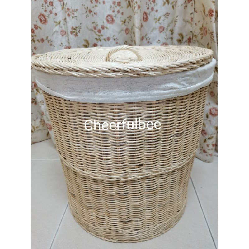 Beige Handmade Rattan Laundry Clothes Basket Removable Lining and Cover