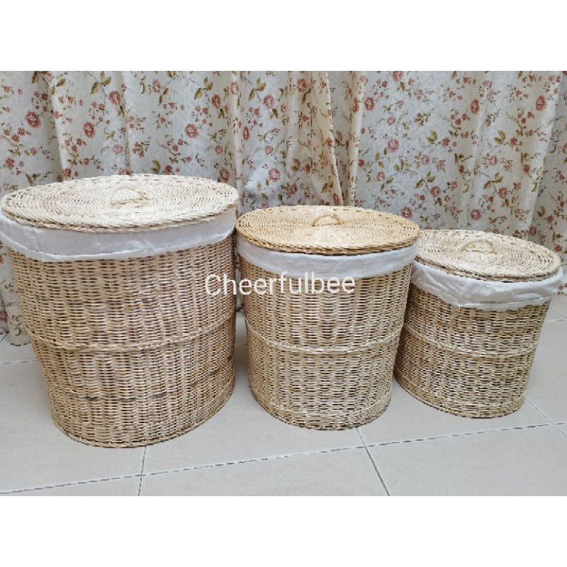 Beige Handmade Rattan Laundry Clothes Basket Removable Lining and Cover
