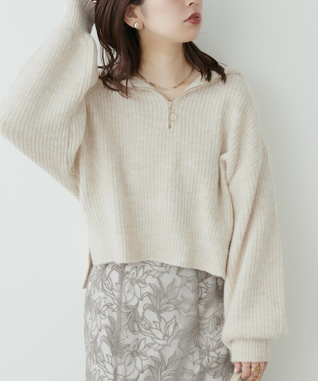 natural couture(ナチュラルクチュール)  ハーフZIP片畦フードニット米（0332050530）