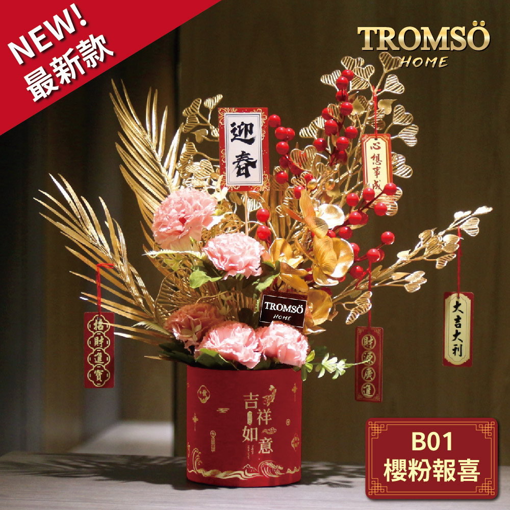 TROMSO金喜發財果新年花禮花籃-B01櫻粉報喜
