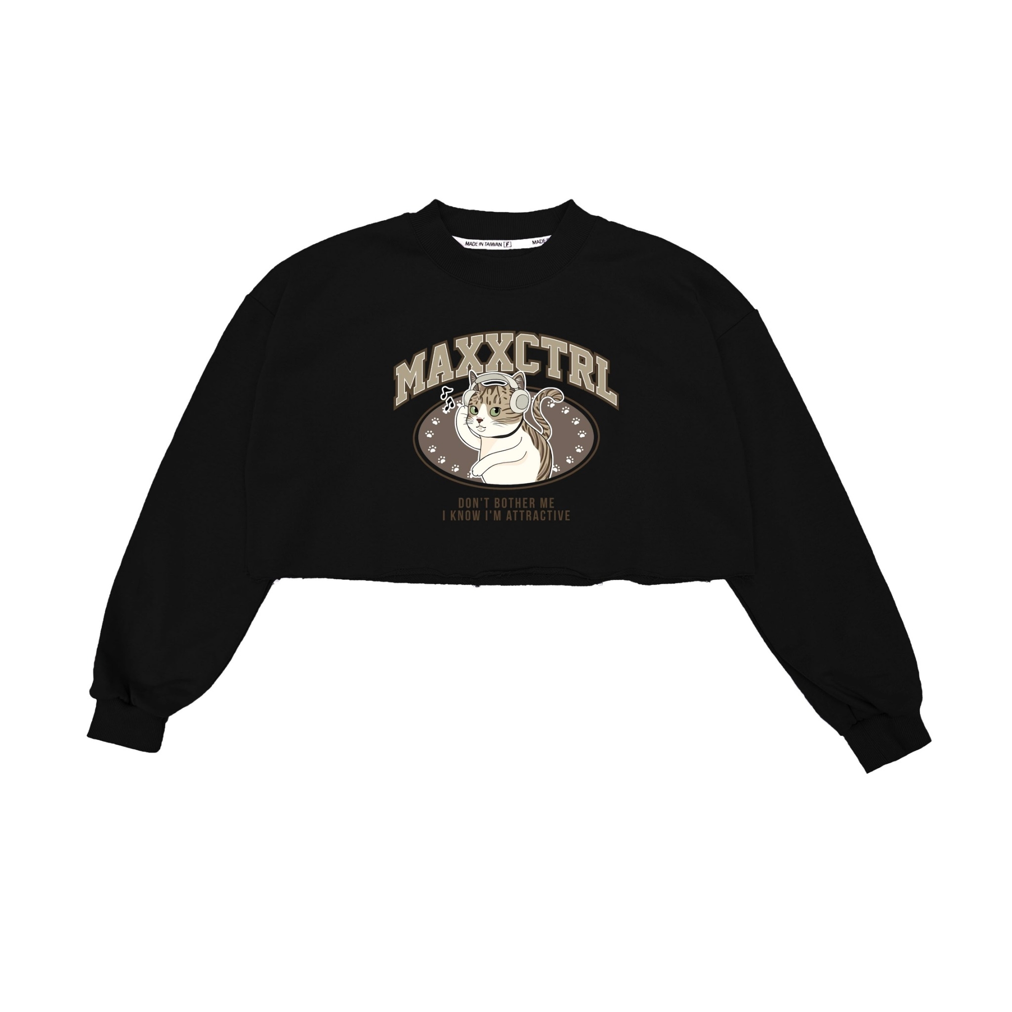 MAXXC 戴耳機的貓短版大學T-黑