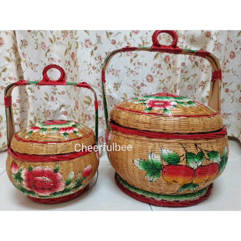 Handcrafted Asian Antique Collection Rattan Painted Chinese Betrothal Wedding Basket