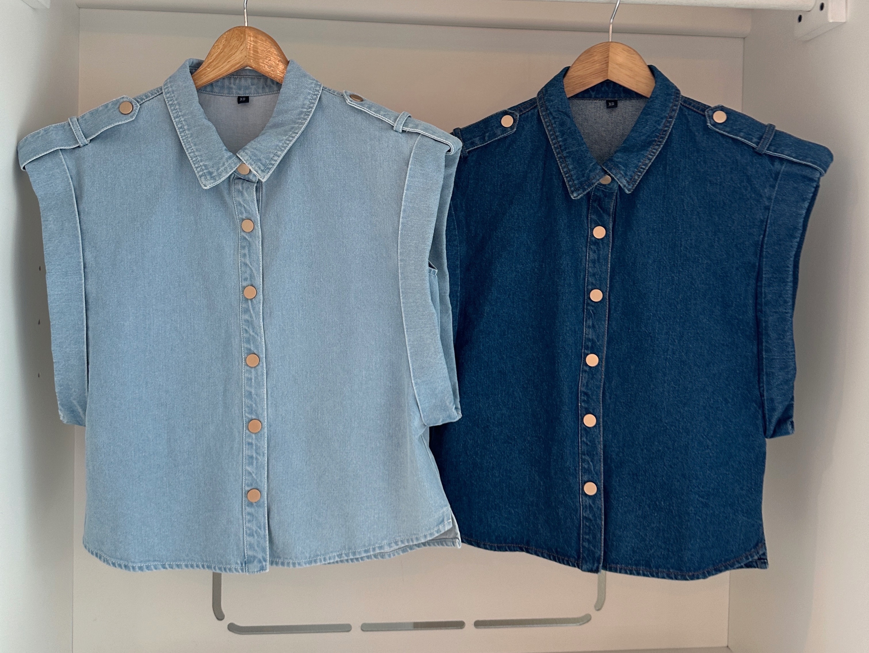 V SLEEVE DENIM BUTTON BLOUSE