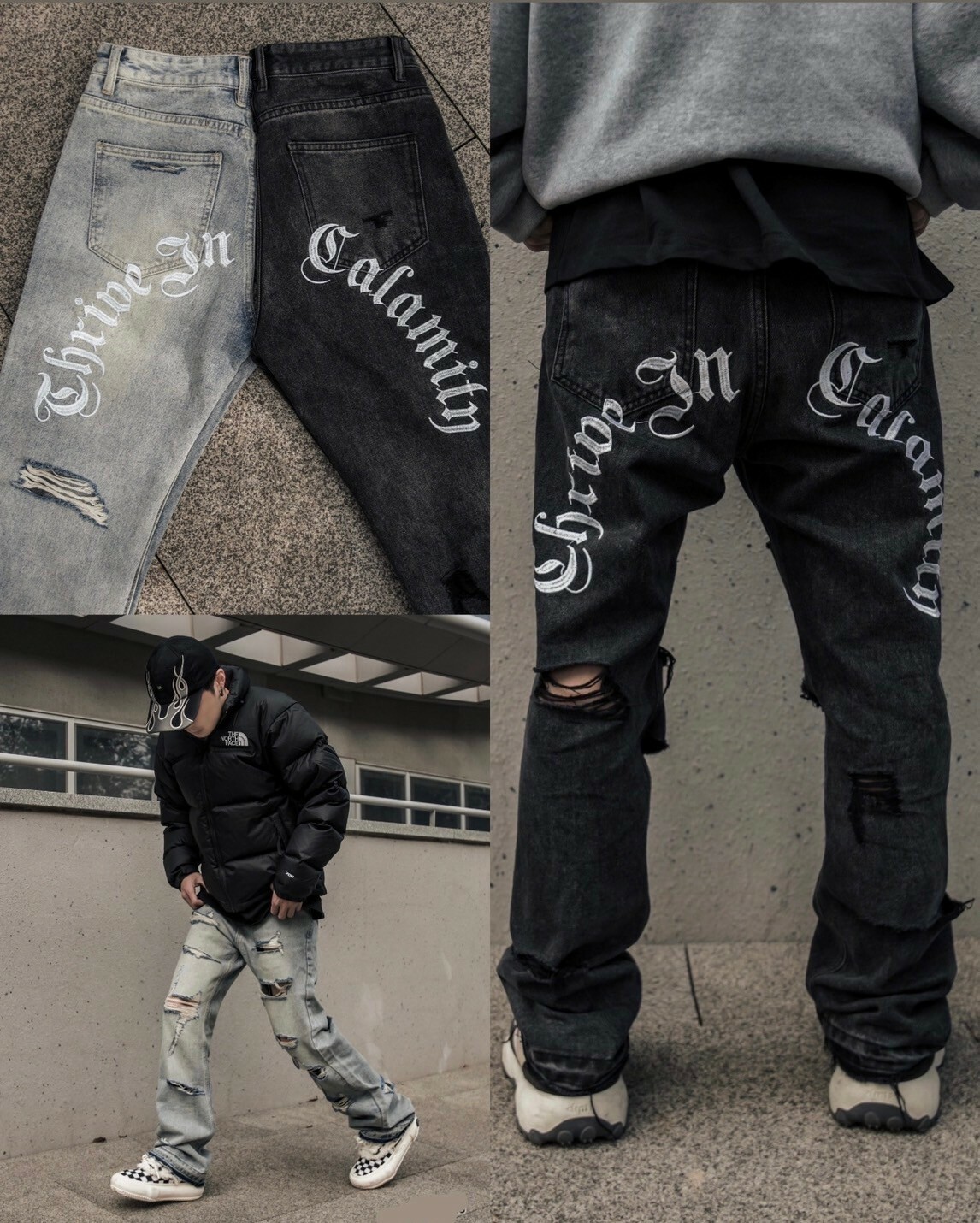 PREDATOR 後刺繡歌德字體 多破壞刀割牛王 牛仔褲