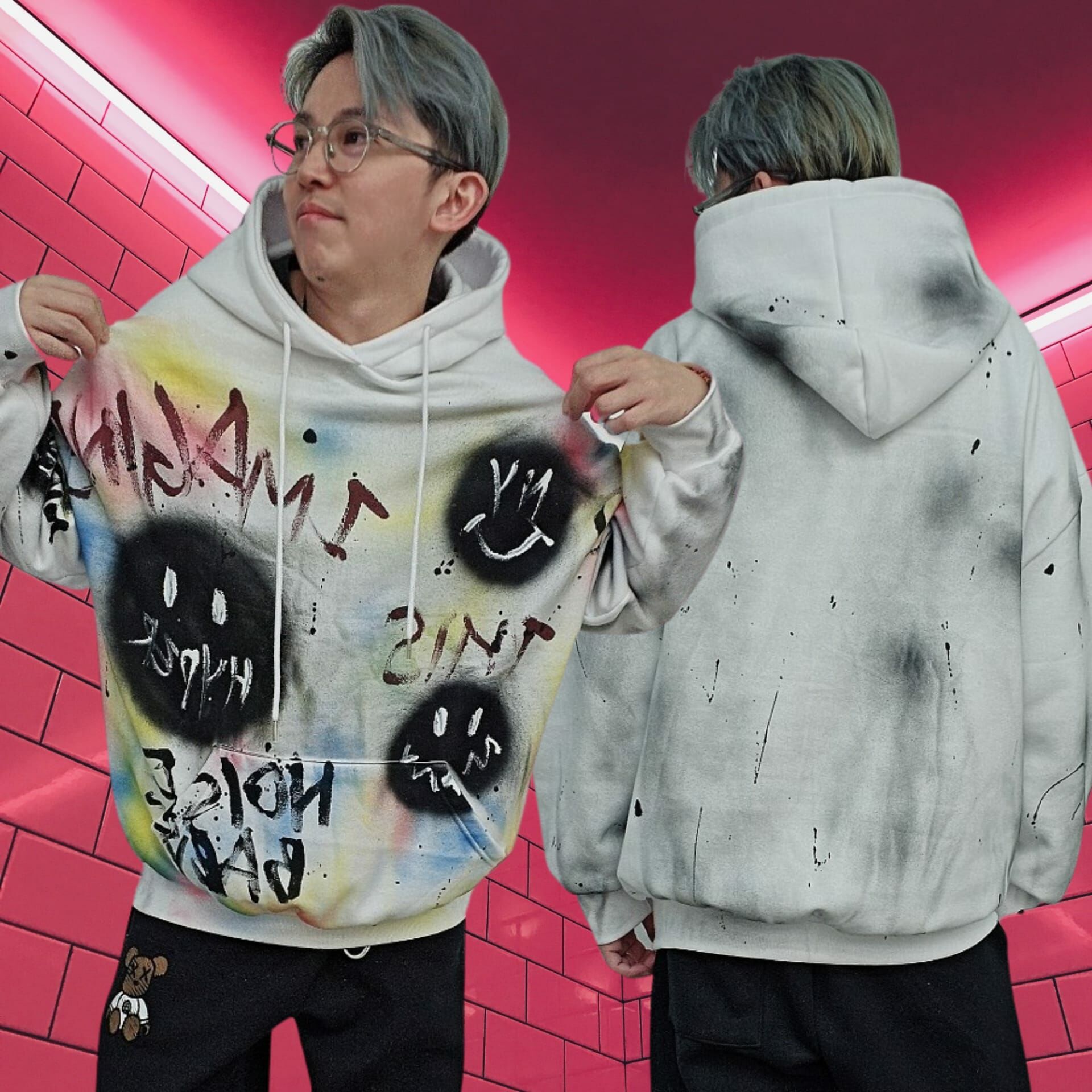 🇰🇷 韓國潮牌 哈哈笑噴墨塗鴉有帽衛衣  原價 $399 (KF319)