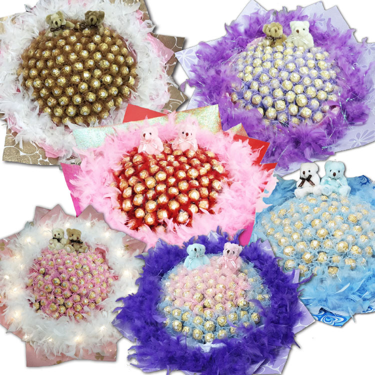 各種顏色99朵小熊羽毛金莎花束,99朵金莎花束