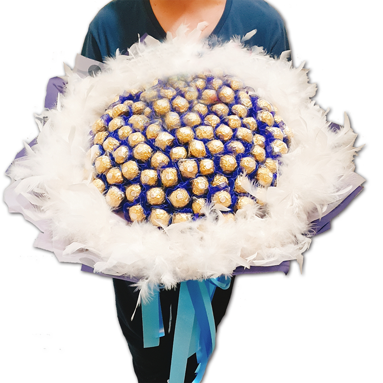 深藍色99朵小熊羽毛金莎花束,99朵金莎花束