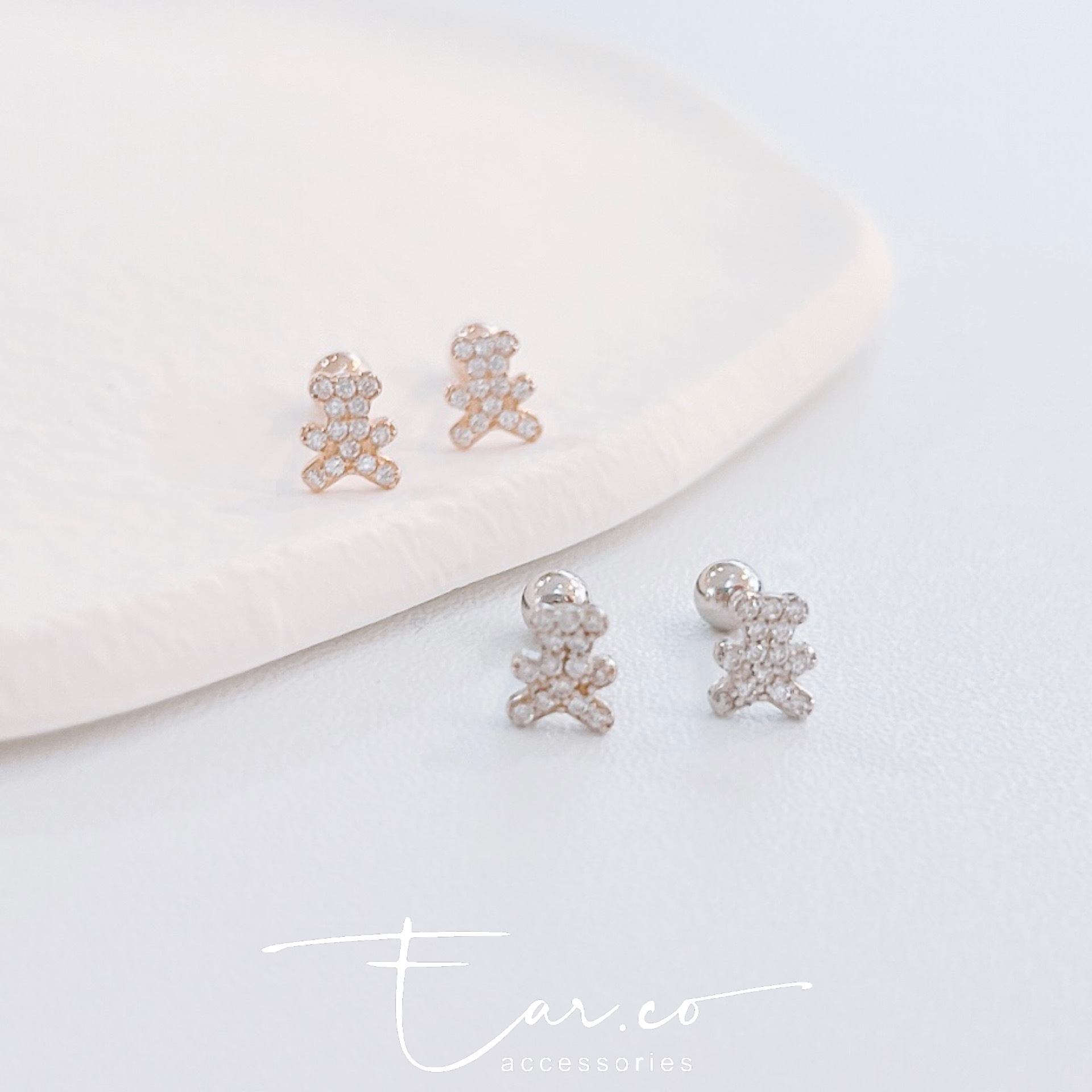 閃石小熊熊純銀耳珠/耳骨釘 [一對]