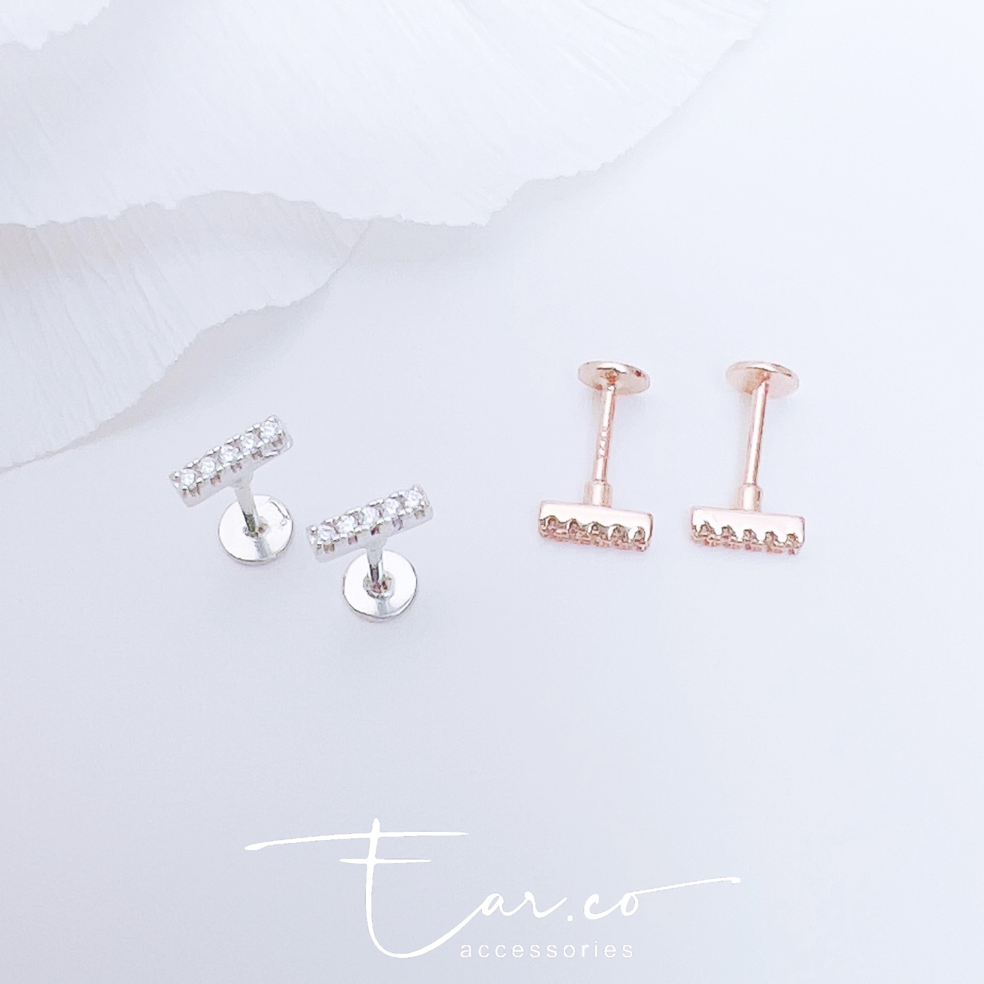 閃石一字排純銀平頭耳門/耳珠/耳骨釘 [一對]