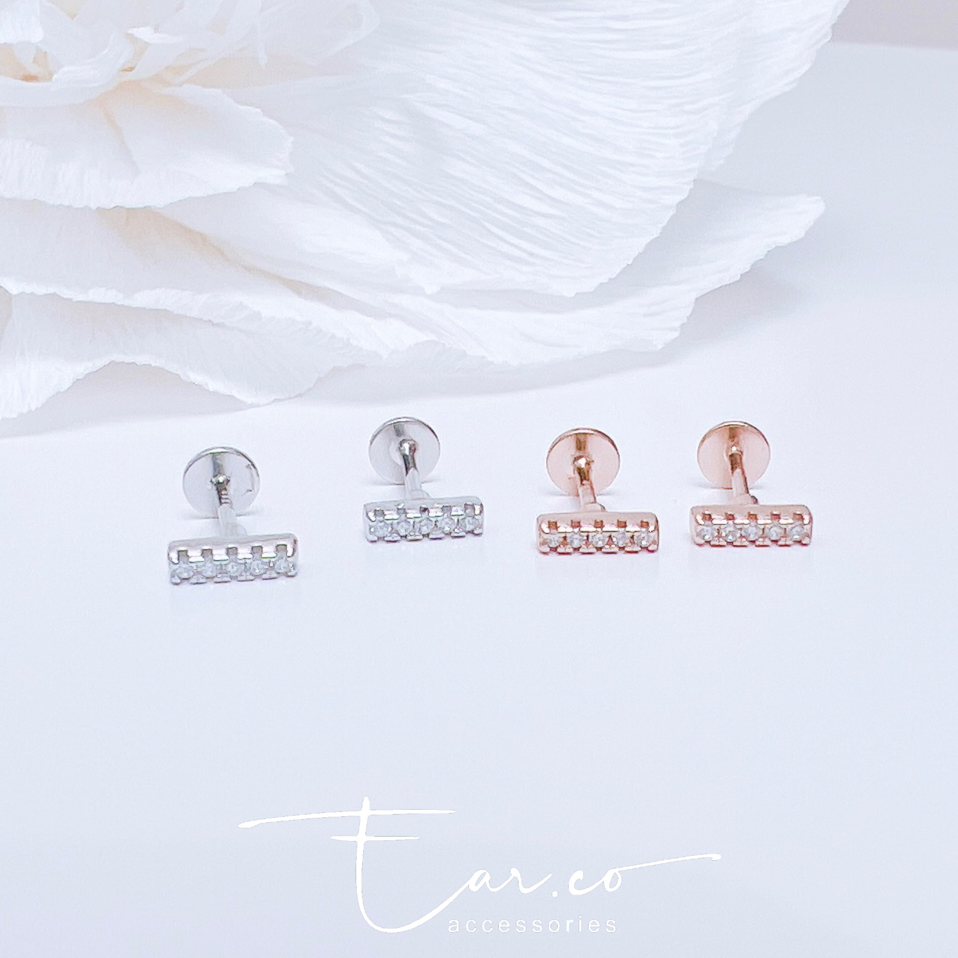 閃石一字排純銀平頭耳門/耳珠/耳骨釘 [一對]