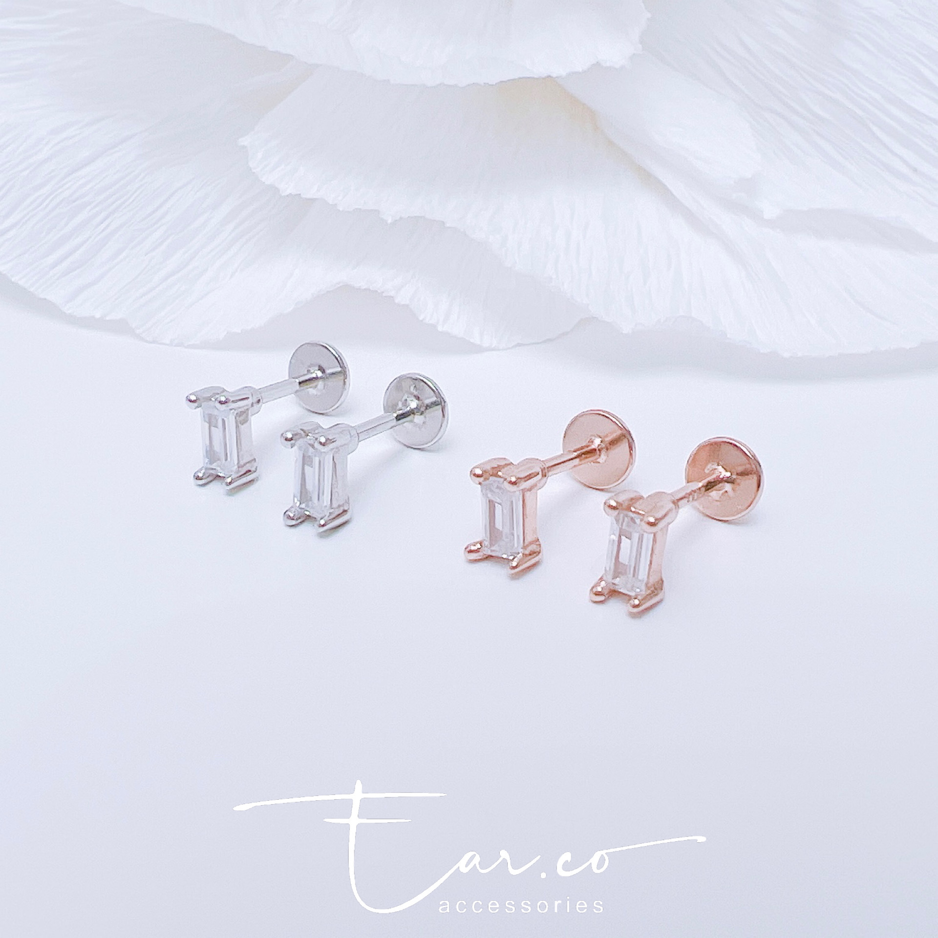 長方鋯石純銀平頭耳門/耳珠/耳骨釘 [一對]