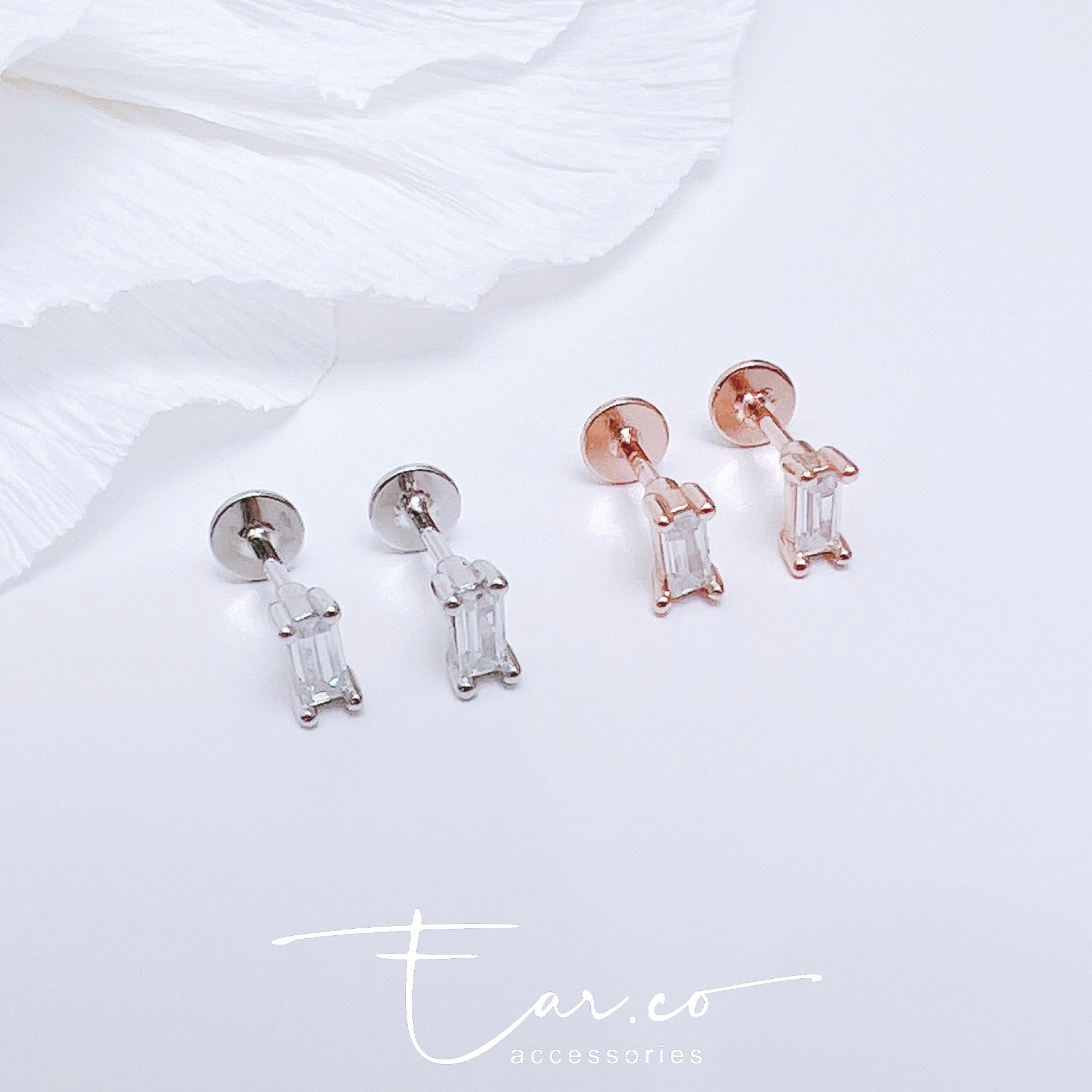 長方鋯石純銀平頭耳門/耳珠/耳骨釘 [一對]