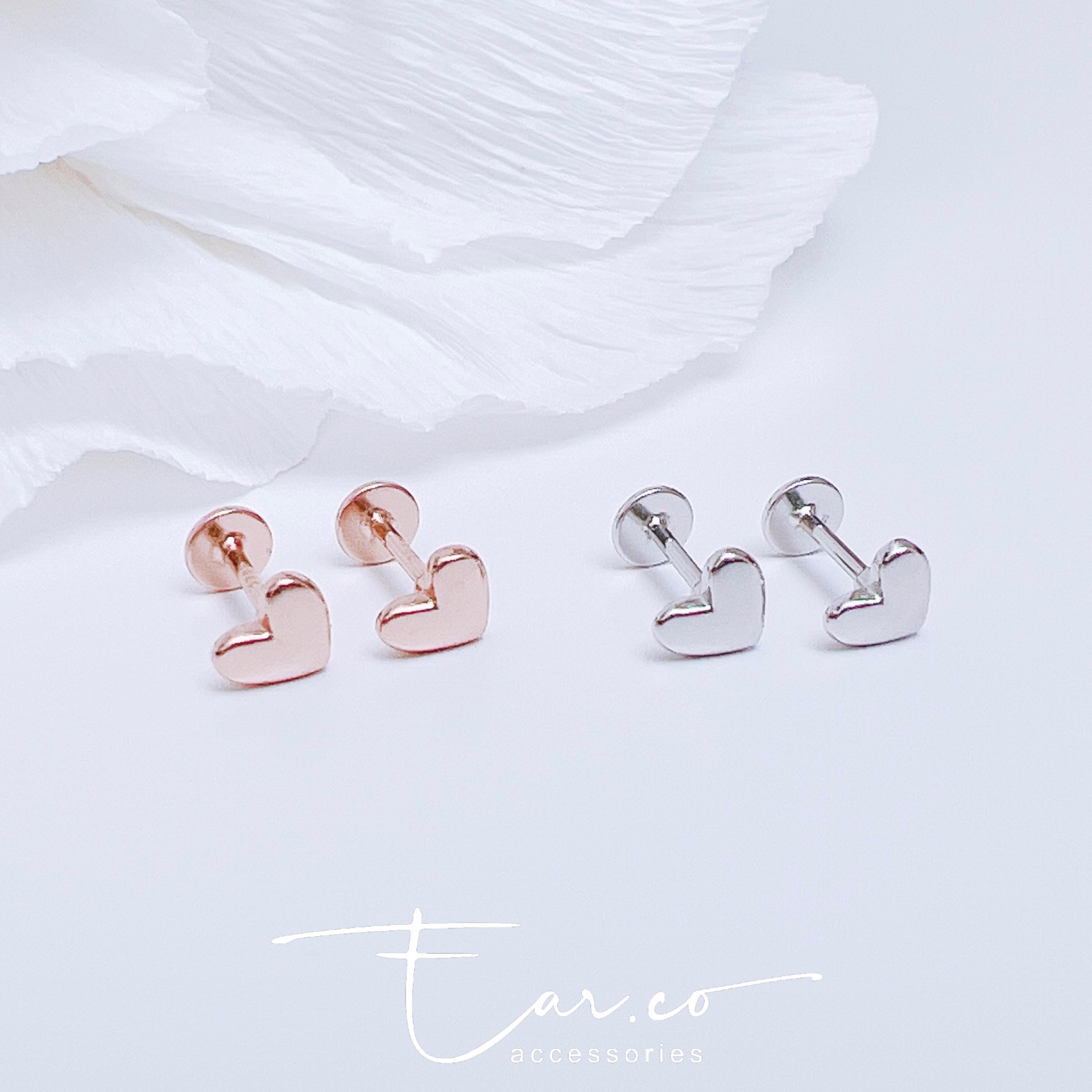 光面心形純銀平頭耳門/耳珠/耳骨釘 [一對]