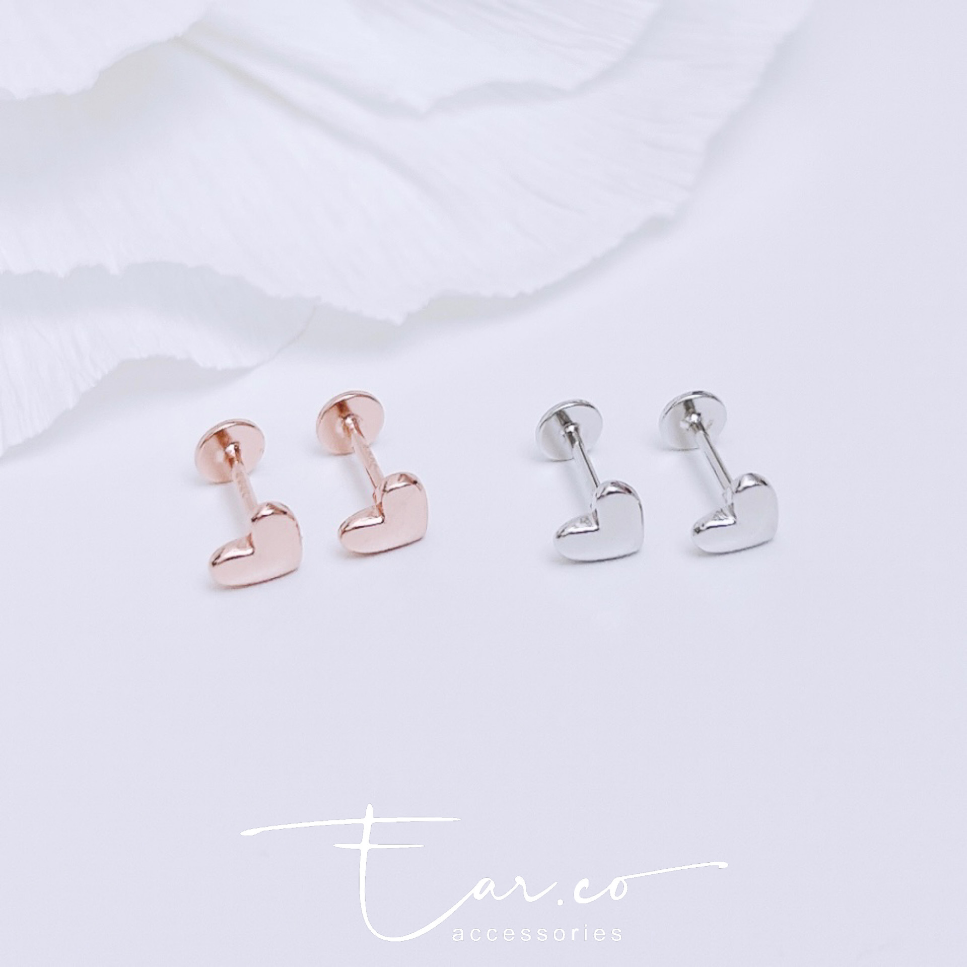 光面心形純銀平頭耳門/耳珠/耳骨釘 [一對]