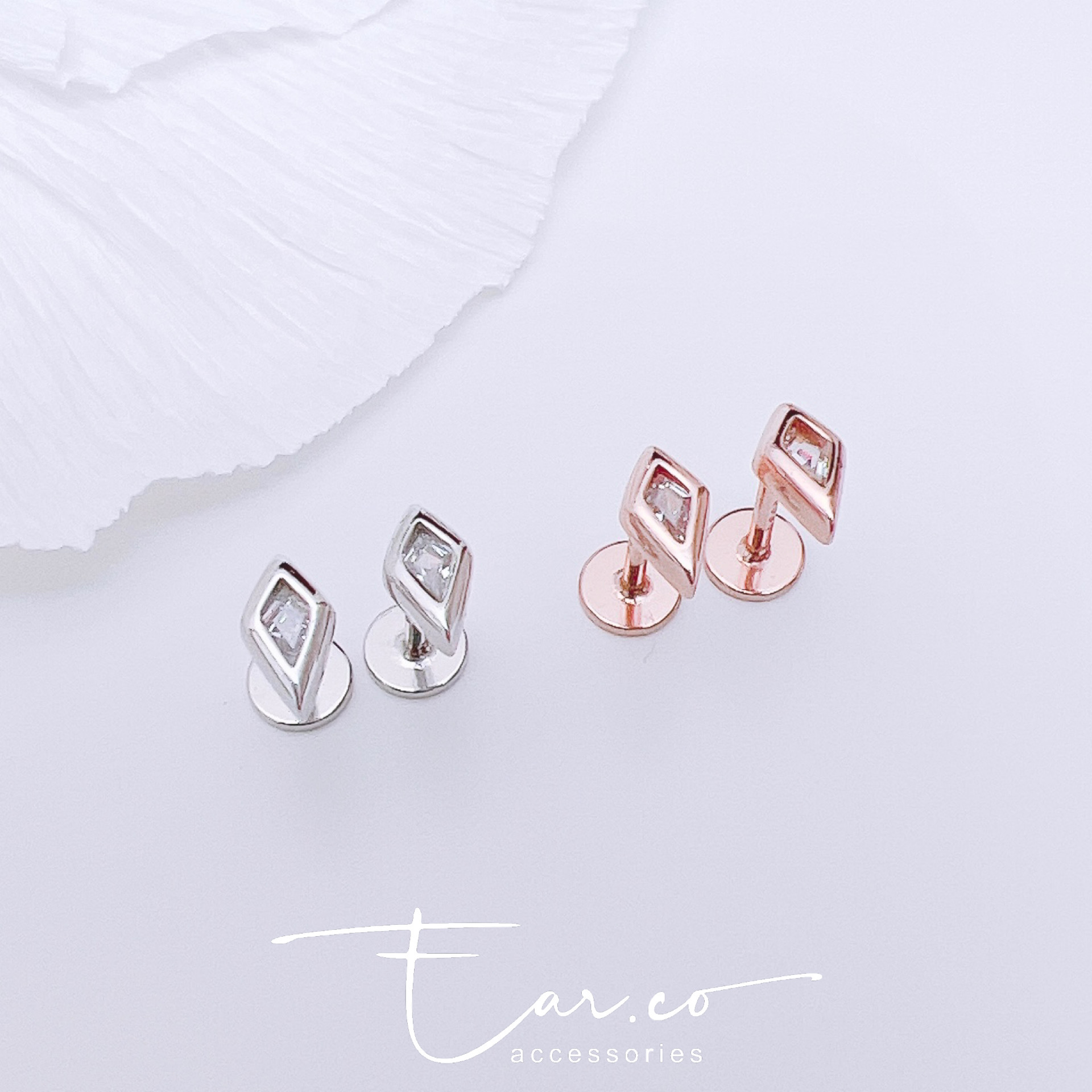 包邊閃石菱形純銀平頭耳門/耳珠/耳骨釘 [一對]