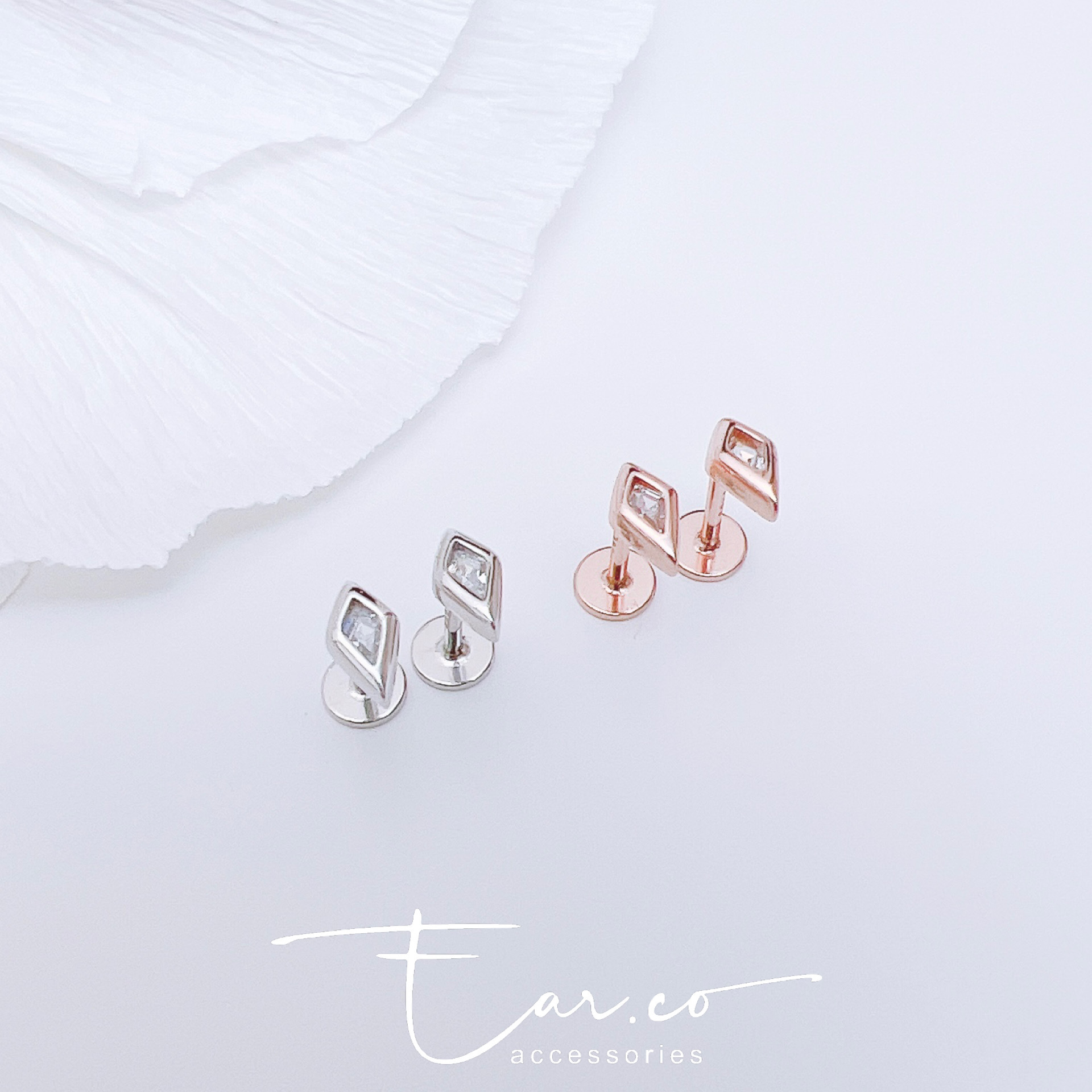 包邊閃石菱形純銀平頭耳門/耳珠/耳骨釘 [一對]