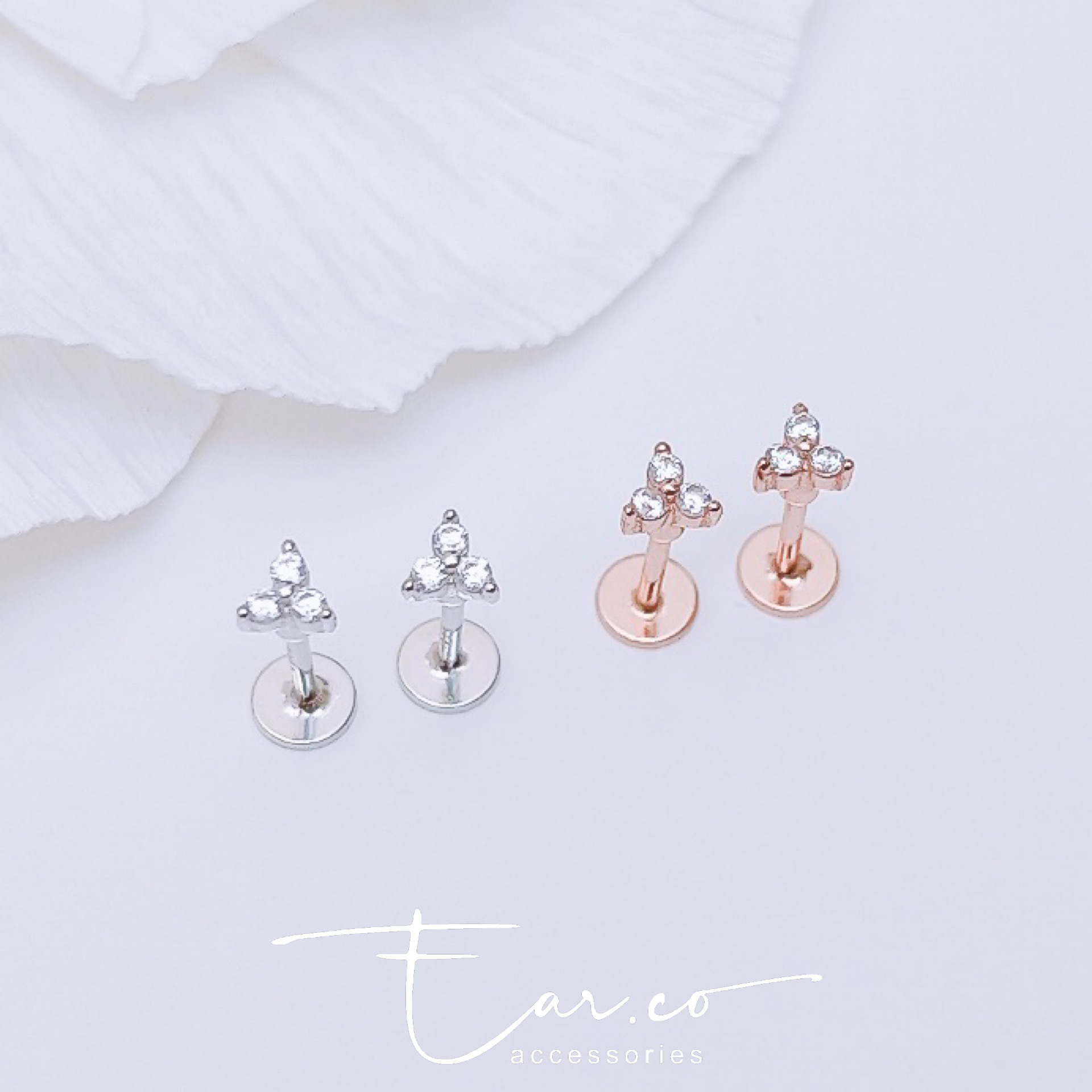 閃石三葉草純銀平頭耳門/耳珠/耳骨釘 [一對]