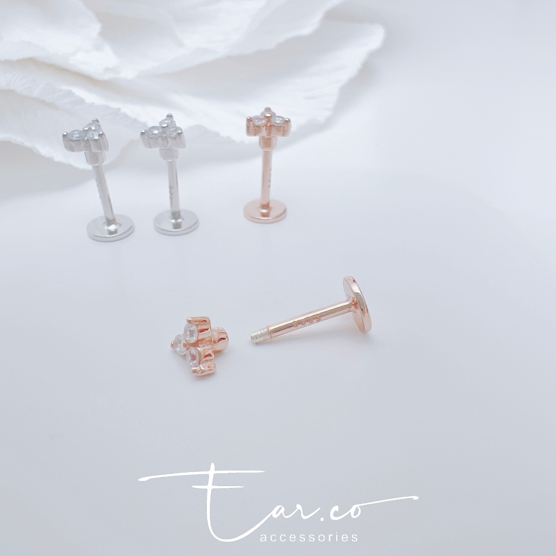 閃石三葉草純銀平頭耳門/耳珠/耳骨釘 [一對]