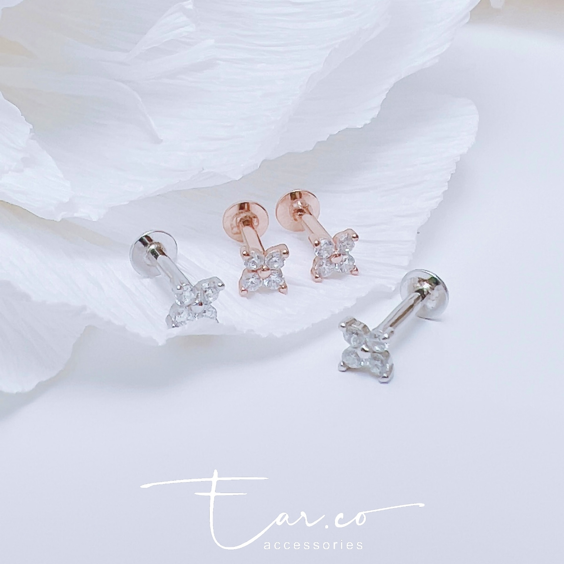 閃石四葉草純銀平頭耳門/耳珠/耳骨釘 [一對]