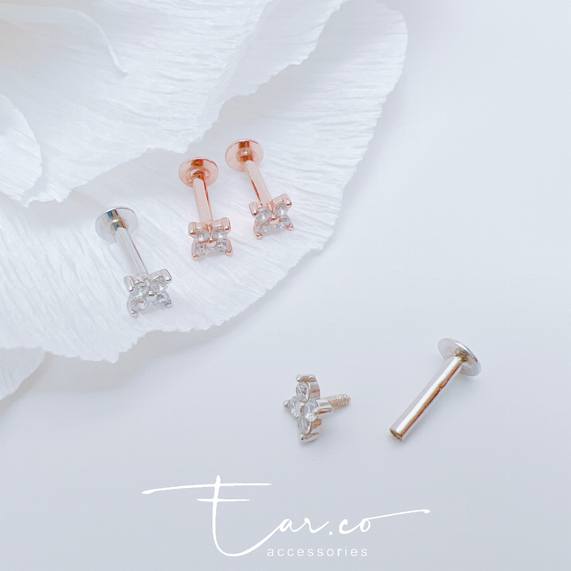 閃石四葉草純銀平頭耳門/耳珠/耳骨釘 [一對]