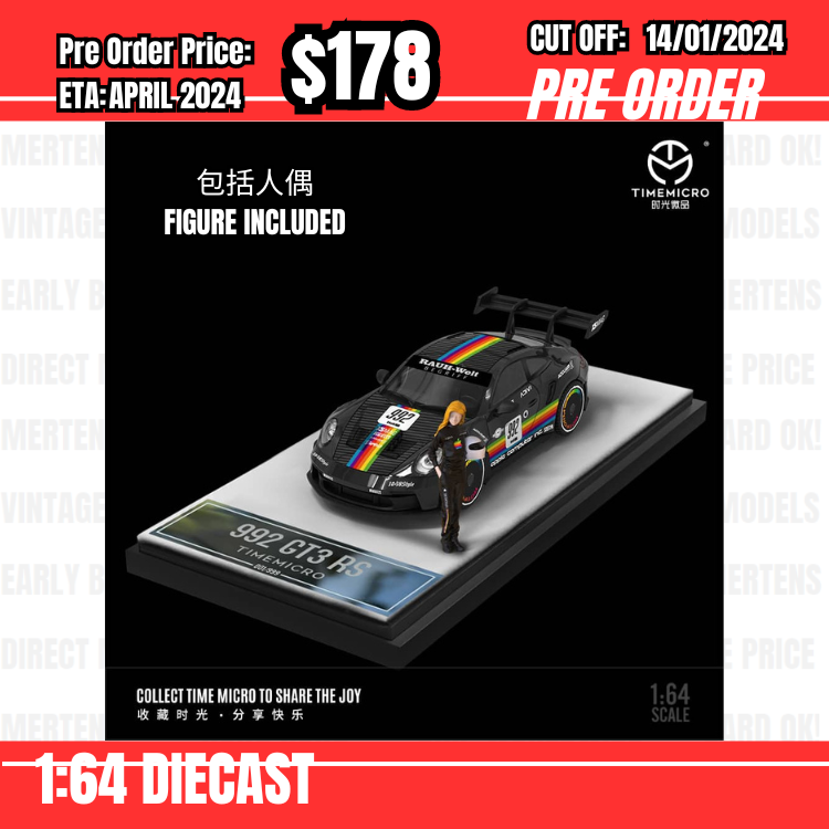 PO-$178 * Time Micro * 1:64 Porsche 992 GT3 RS Black #992 w/figure [OD06/01]