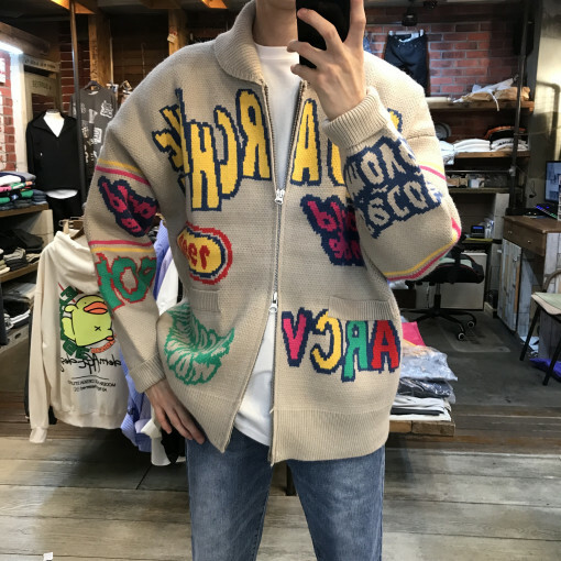 字母提花雙向針織拉鍊外套