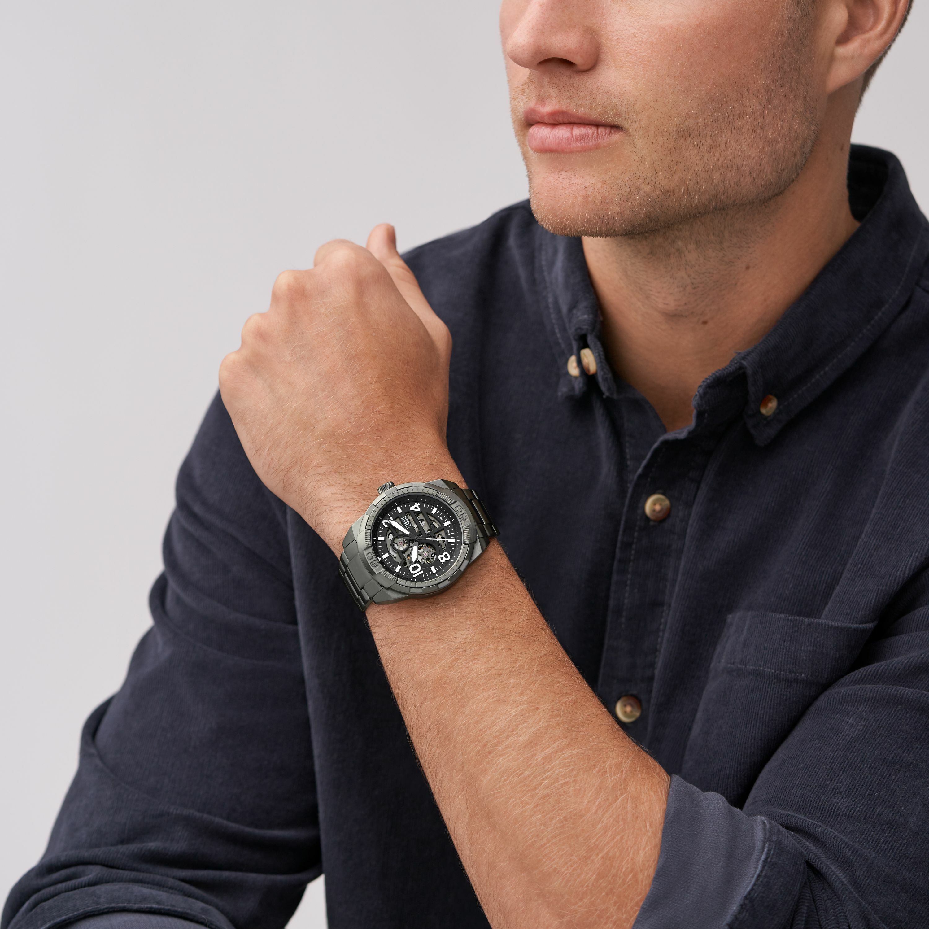 Bronson 布朗森系列鏤空機械手錶 煙灰色不鏽鋼錶帶 48MM ME3255