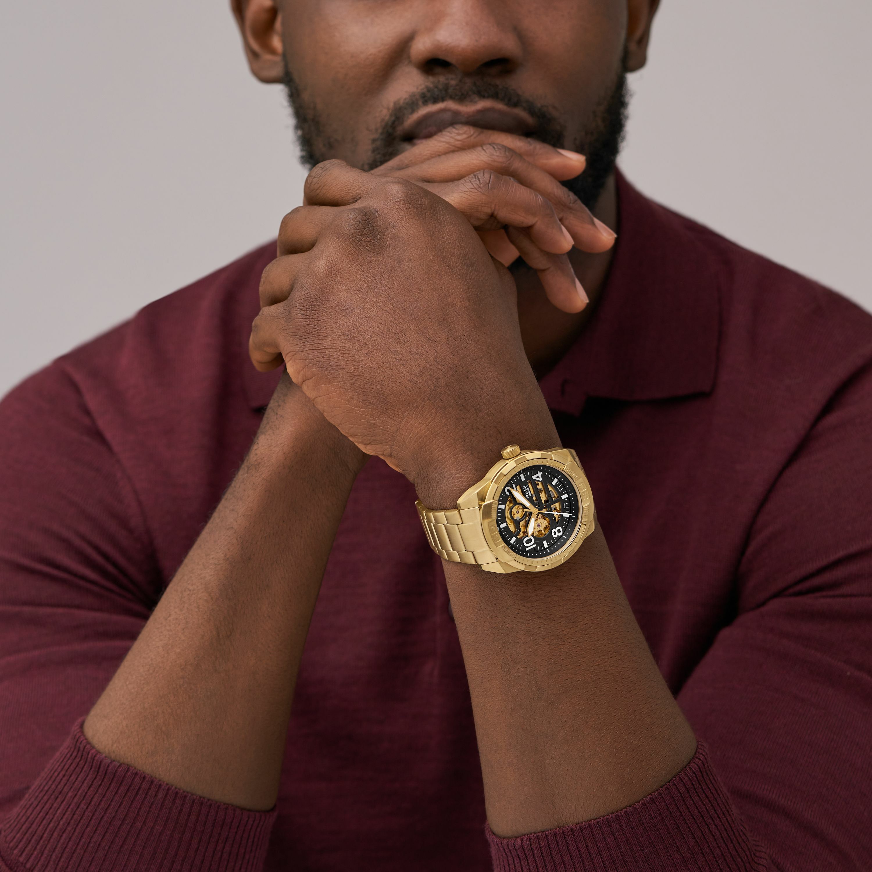 Bronson 布朗森系列機械鏤空手錶 金色不鏽鋼錶帶 48MM ME3257