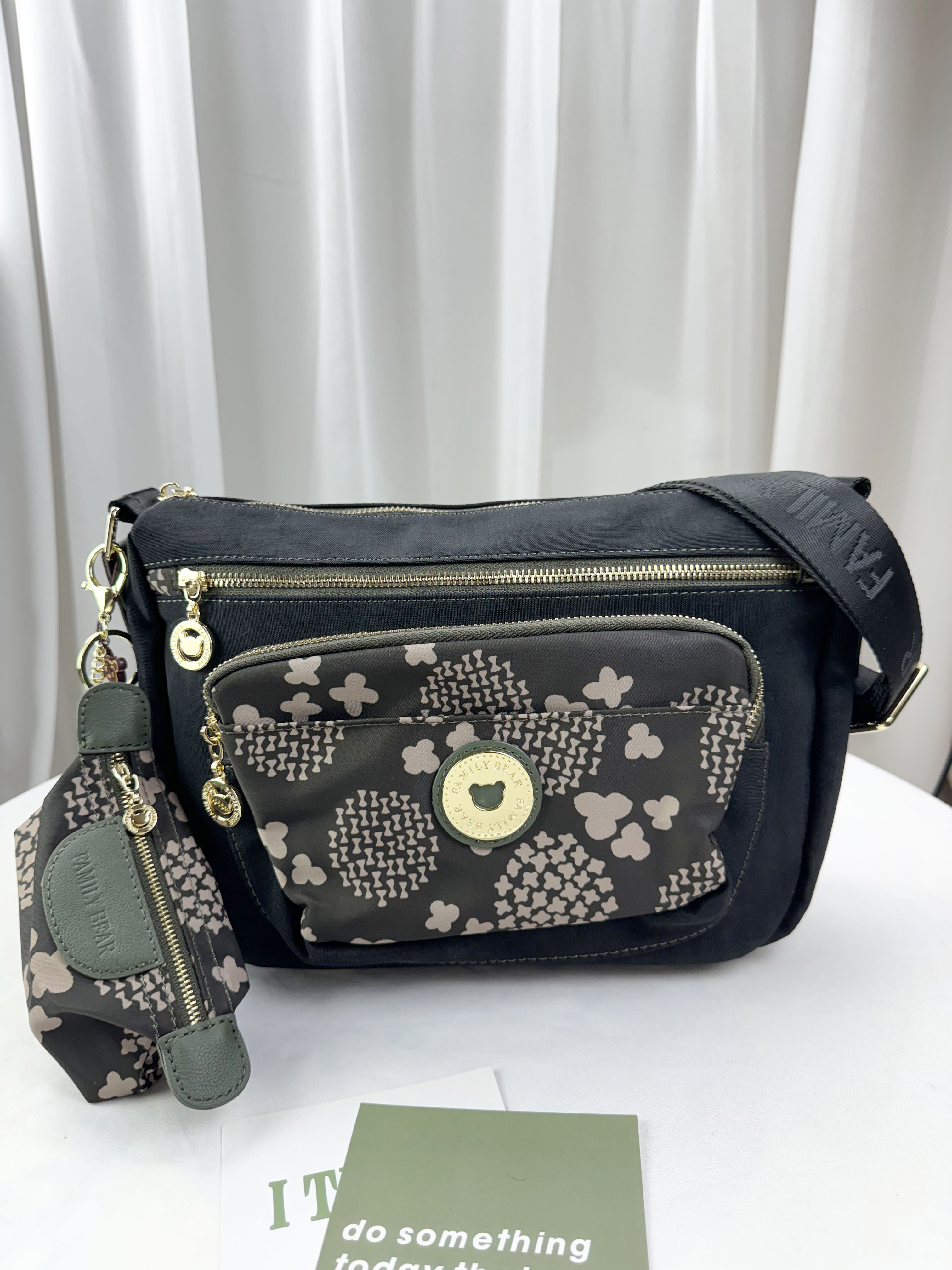 FamilyBear 墨綠圖騰防潑水側背包 附零錢包  #2862