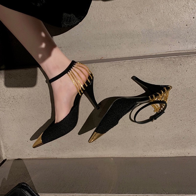 金屬尖頭毛尼 裸跟鍊條跟鞋 (34-40)