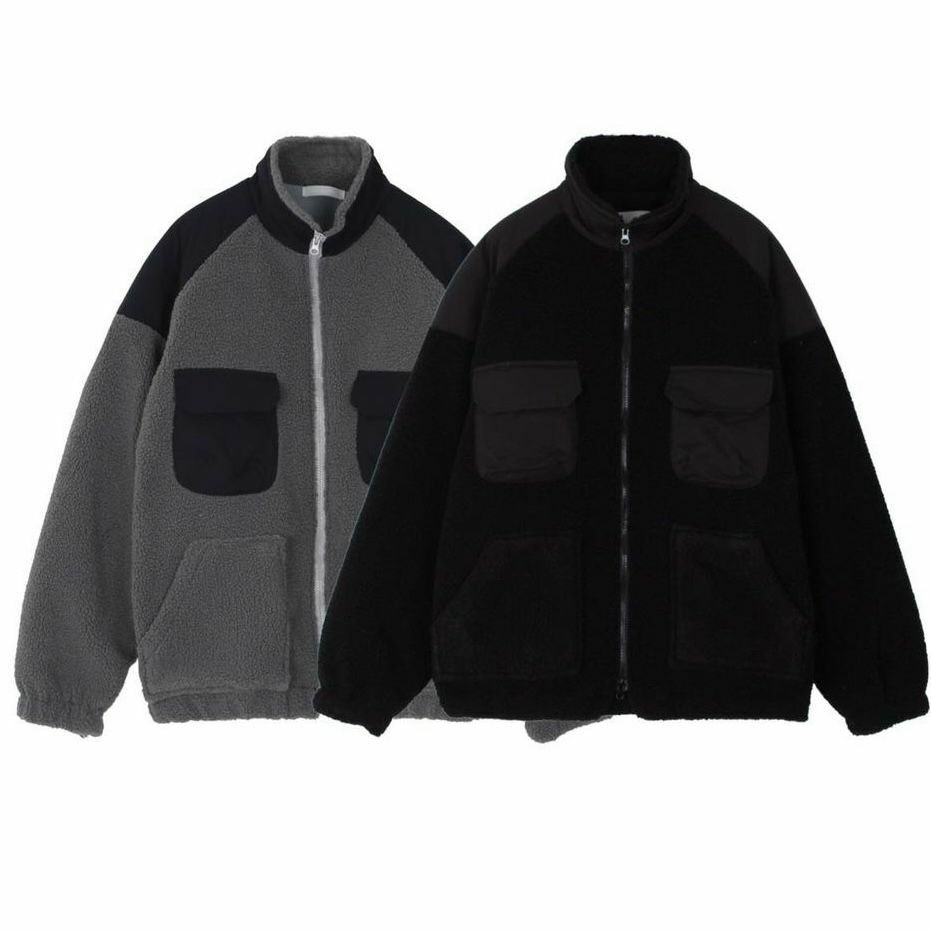 拼色企領拉鍊絨毛外套 JK2480